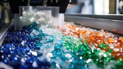 The process of recycling plastic into small plastic pellets. - obrazy, fototapety, plakaty