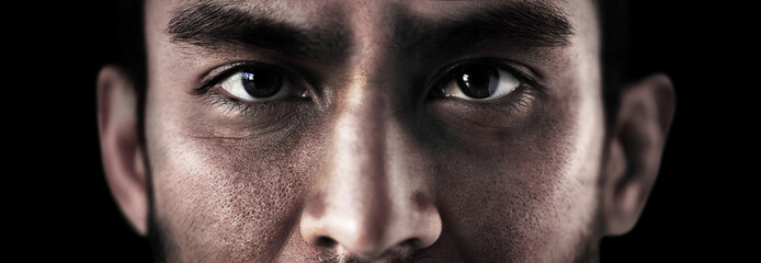 Closeup, soldier and face in sad with depression, anxiety and mental health with black background. Banner, eyes and war crime with man veteran with trauma, ptsd and treatment for anger management - obrazy, fototapety, plakaty