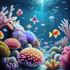 Fototapeta premium Moonlit Magic: A Surreal Underwater Wonderland world with luminescent coral reefs, iridescent jellyfish, and bioluminescent creatures