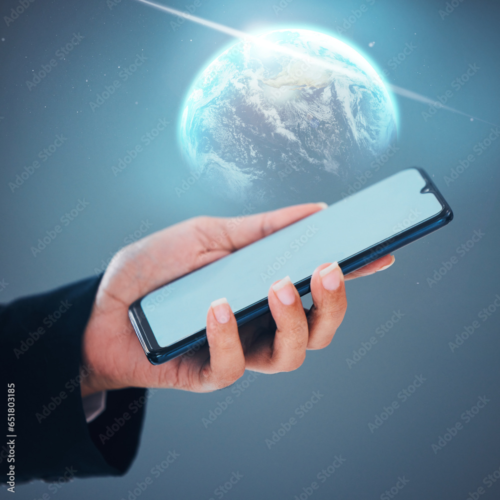 Poster Person, hands and phone with 3D globe, mockup screen or hologram for global communication or networking. Closeup of user holding mobile smartphone display for social media world or internet service