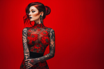Portrait of a beautiful red hair girl with full body tattoos - obrazy, fototapety, plakaty