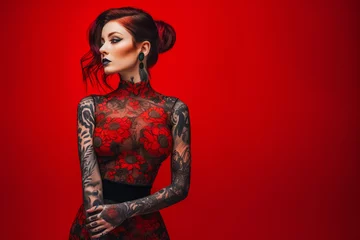 Foto op Plexiglas Portrait of a beautiful red hair girl with full body tattoos © PicMedia