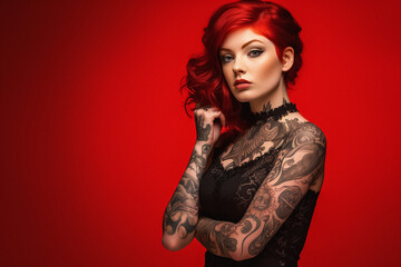 Fototapeta premium Beautiful red hair girl with tattoos, posing for a photo shoot.