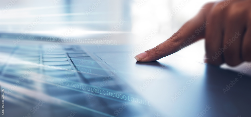 Aufkleber Laptop, finger and person on keyboard with light overlay for online website, data analysis and internet. Futuristic, hologram and hand of worker on computer for research, cybersecurity and networking