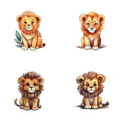 set of cute lion watercolor illustrations for printing on baby clothes, sticker, postcards, baby showers, apps, games and books, Safari jungle animals vector