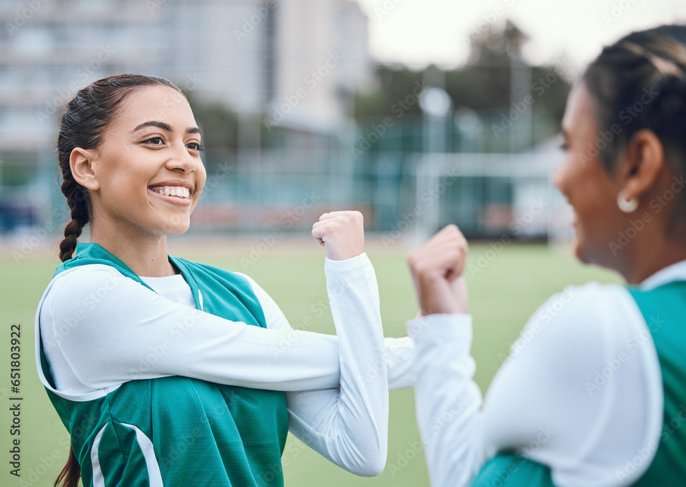 Sticker Stretching, arms and athlete in sports, field or soccer with team, women and exercise with happiness outdoor. Football player, woman and training with a smile on face for fitness practice or game