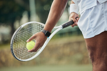 Hands of man, ball and racket for tennis, training and workout for healthy body, wellness and practice action. Sports, match and athlete ready to serve for exercise in competition, game or fitness