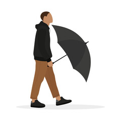 Male character with an open umbrella in his hand goes on a white background