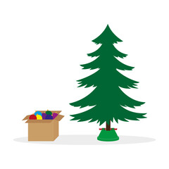Cardboard box with multicolored christmas balls and spruce in a stand on a white background
