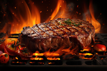 steak cooking on fire with vegetables, bbq grill with flames, cooking juicy delicious beef meat - obrazy, fototapety, plakaty