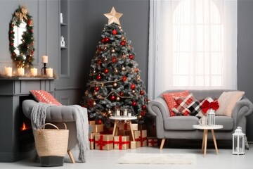 Stylish living room interior with decorated Christmas tree. generative ai.