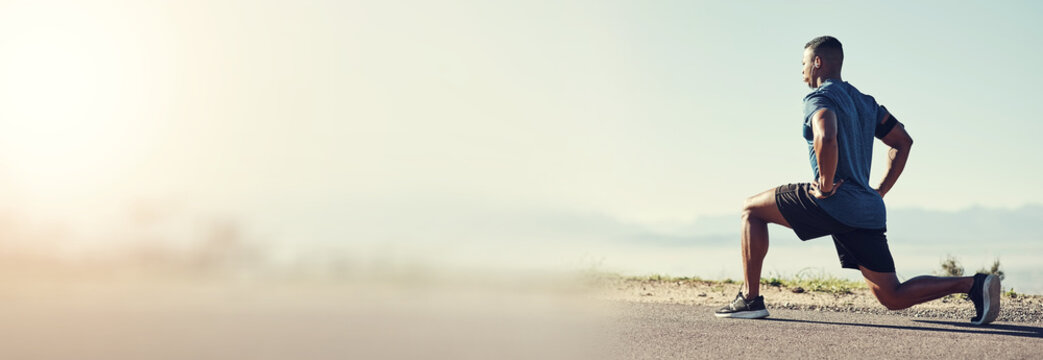 Banner, outdoor and man stretching, exercise and lunge with fitness, wellness and activity. Outside, healthy person or athlete with overlay, mockup space and training with warm up, workout and runner