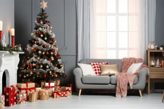 Stylish living room interior with decorated Christmas tree. generative ai.