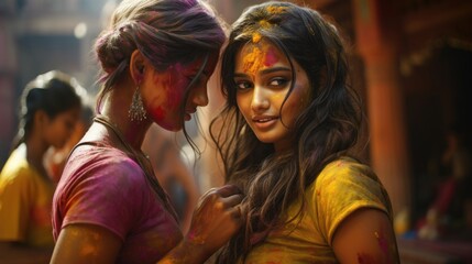 Fototapeta premium Indian village girls playing Holi, generative ai