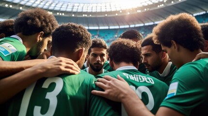 Team huddle, Players with a green jersey, the national football team huddling before the game. generative ai © nilanka