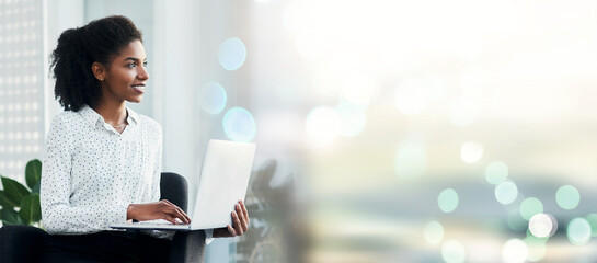 Business woman, thinking and planning on computer for marketing, website startup or project on banner mockup. African freelancer by window and bokeh overlay for goals, ideas or inspiration on laptop
