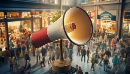 a red megaphone in a shopping center - obrazy, fototapety, plakaty