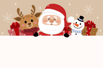Merry Christmas and happy new year greeting card with cute Santa Claus, deer, snowman and gift box. Holiday cartoon character in winter season. -Vector