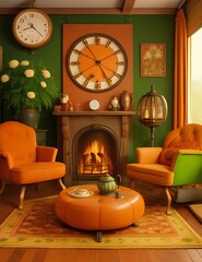 1970's style room with fireplace with fire