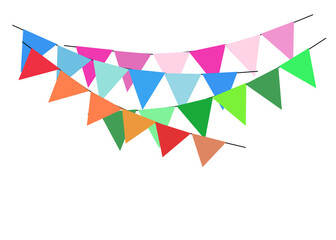 Greeting or Birthday party invitation with carnival,bunting flag garlands. Part decorating concept with colorful hanging above. Happy birthday.  with copy space for your text.