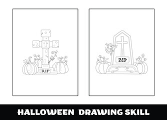 Copy the picture kids game and coloring page. Halloween education drawing skill game for preschool children.