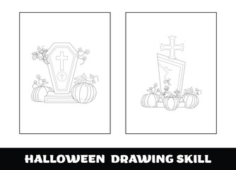 Copy the picture kids game and coloring page. Halloween education drawing skill game for preschool children.