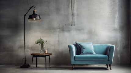 Blue sofa and side table with lamp against grunge concrete wall. The loft-style home interior design of modern living room.