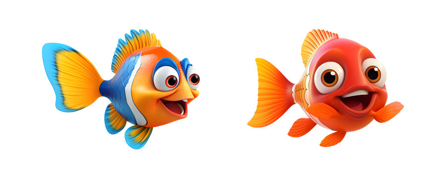 3d cartoon fishes bundle of two isolated on transparent background