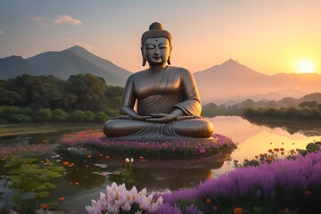 Buddha statue in the water garden, behind which is a mountain.