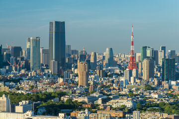 Fototapeta na wymiar 快晴の東京タワーと東京都心の都市風景
