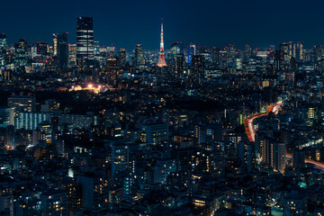 ライトアップされた東京タワーと東京都心の夜景 - obrazy, fototapety, plakaty