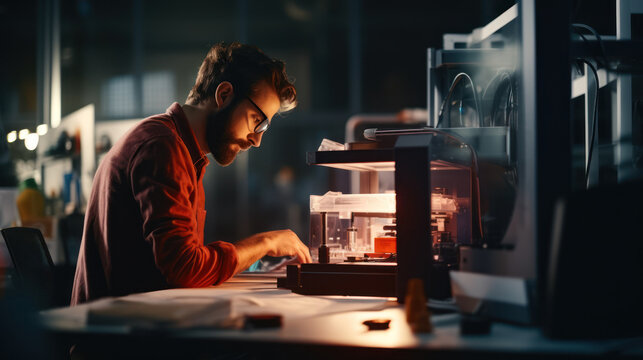 Engineer prints a prototype model on a 3d printer in a laboratory using equipment. The concept of creativity, technology and 3d printing.