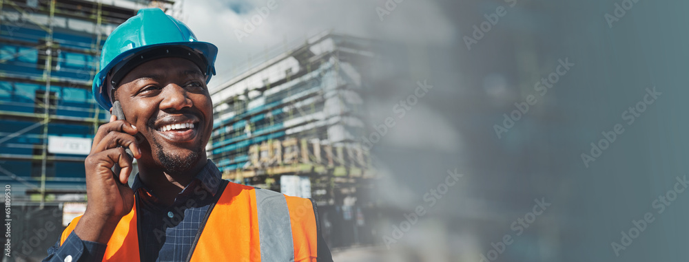 Poster phone call, engineering man and happy city planning, construction site communication and dust overla