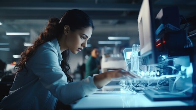 Engineer prints a prototype model on a 3d printer in a laboratory using equipment. The concept of creativity, technology and 3d printing.