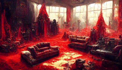 grimcorehell stage Red liquid is flowing on the black floor and there are about six sofas with fangsBlack skeletons are lying around  - obrazy, fototapety, plakaty
