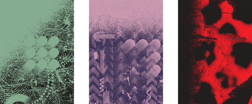 Glitch distorted grungy isolated layers . Design element for brochure, social media, posters, flyers. Overlay texture.Textured banner with Distress effect .Vector halftone dots . Screen print texture