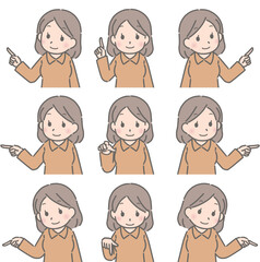 色々な方向を指さす若い女性（私服）