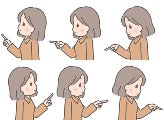 色々な方向を指さす若い女性（横向き、私服）
