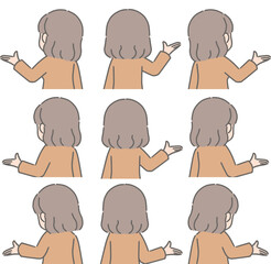 ご案内ポーズをする若い女性（後ろ向き、私服）