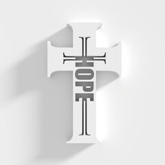 Hope word in the shape of a cross. Christian, religious and church typography concept. Design with christian icon divine. 3D render