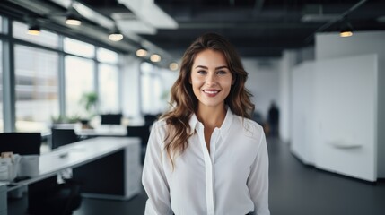 Young smiling European 30s 40s years businesswoman professional standing confident in modern coworking creative office space. Happy business woman looking at camera indoors at work with copy space.