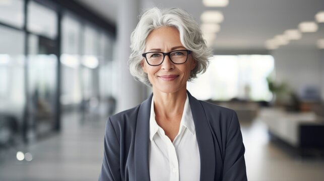 Mature Business Woman Looking At Camera Indoors At Work With Copy Space. Senior Smiling European 50s 60s Years Businesswoman Professional Standing Confident In Modern Coworking Creative Office Space.