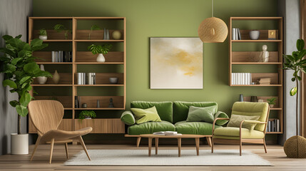 modern living room with fireplace, Stylish living room interior composition modern scandi sofa mock up frames wooden commode Refreshing Green Living Room Ideas for a Natural Oasis