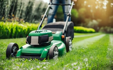 Lawn mower, Garden, Grass cutting, Lawn care, Garden maintenance, Green lawn, Lawn equipment, Outdoor gardening, Landscape maintenance