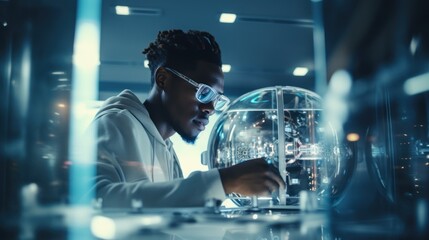 Data scientists work in a modern office of a technology company on the development of a quantum computer. Science, technology, big data and blockchain concept.