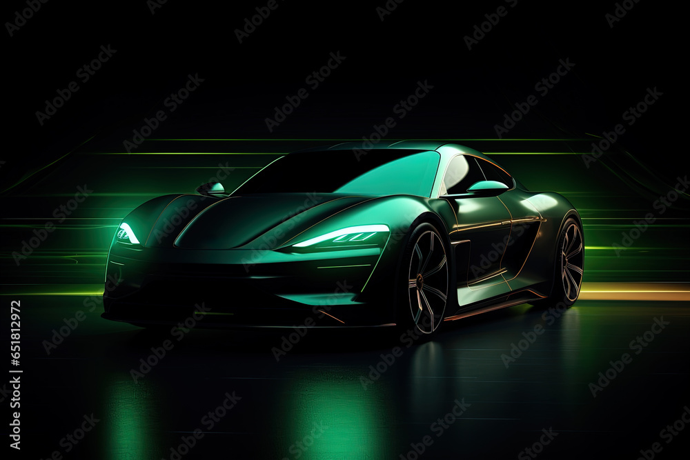 Wall mural green sports car wallpaper with fantastic light effect background