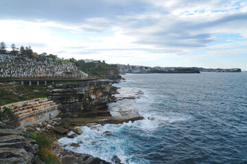 Landscape Lookout nature of cliff with ocean at The Coogee to Bondi Coastal Walk in Sydney NSW Australia - Nature travel track from Coogee. Travel outdoor Jogging 