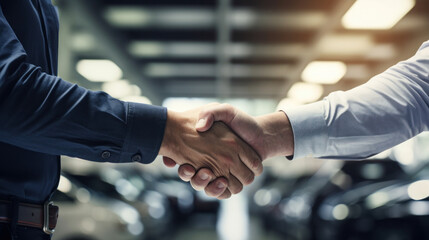 Auto mechanic shakes hands with customer at garage