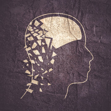 Dementia, memory loss, amnesia concept. Brain damage, cognitive disfunction. Alzheimers disease. Illustration of a human head profile with brain broken into pieces. Mental, psychological illness