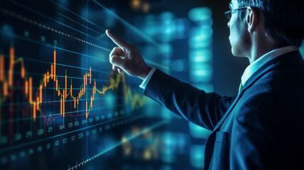 Businessman pointing finger to growth success finance business chart and Analyzing sales data, Stock market, Strategy, and planning. Generative Ai